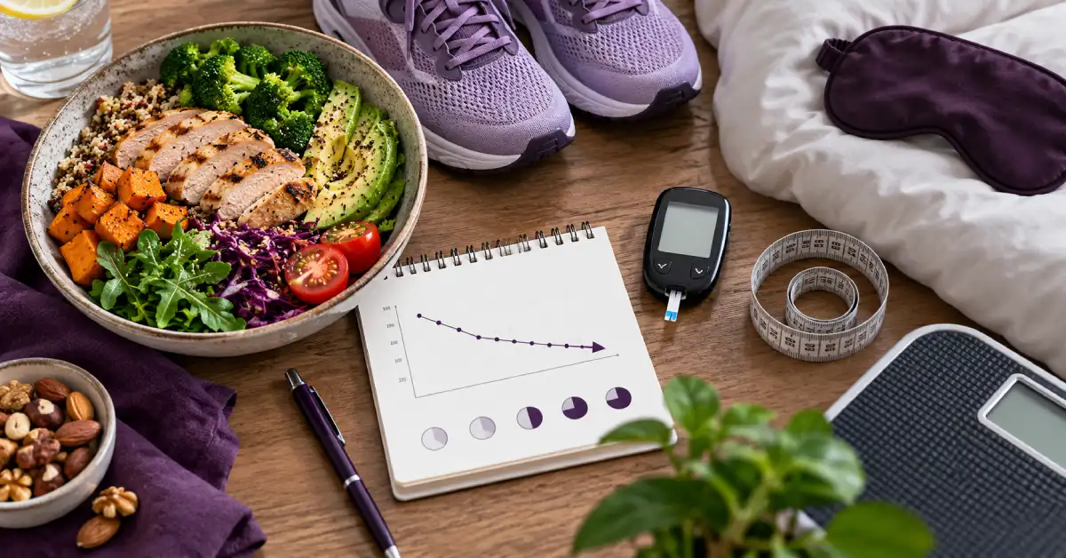 تاثیر سبک زندگی بر آزمایش HbA1c با نمایش تغذیه سالم، ورزش، خواب، کنترل وزن و روند بهبود قند خون
